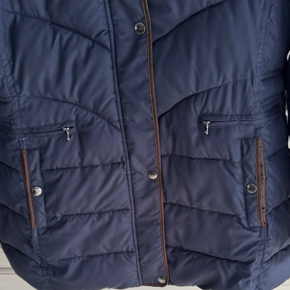 Chaps Dark Blue Puffer Jacket with Faux Fur Trim Hood SZ Large
